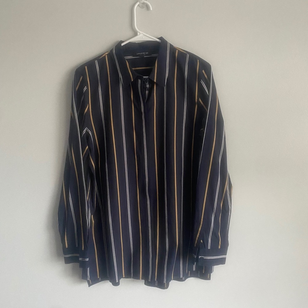 Lafayette 148 New York Navy Striped Long Sleeve Button Down Tunic Size Large